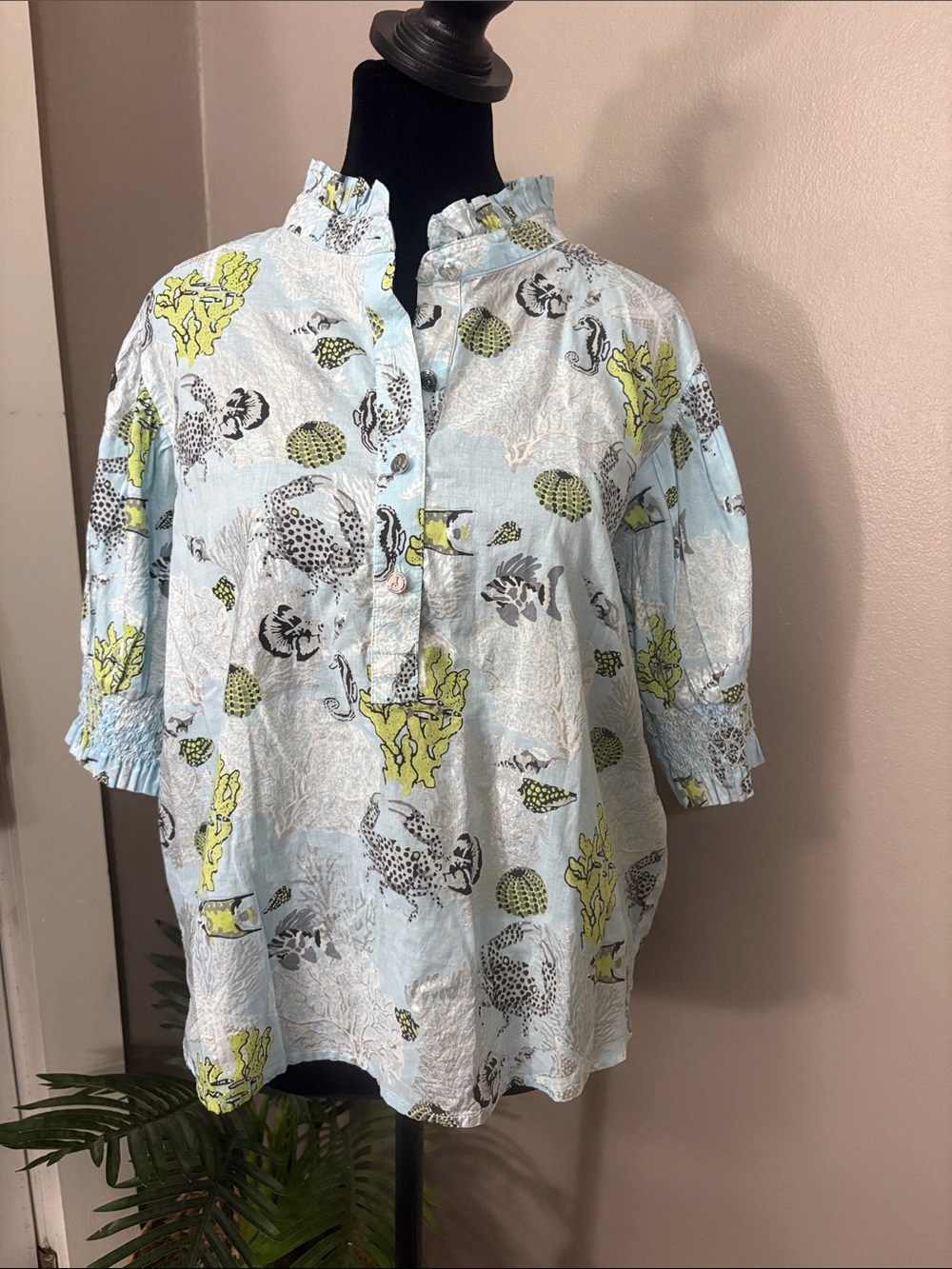 Jude Connally Popover Tunic Blouse, Ocean Life Sea Urchin & Coral Print size M